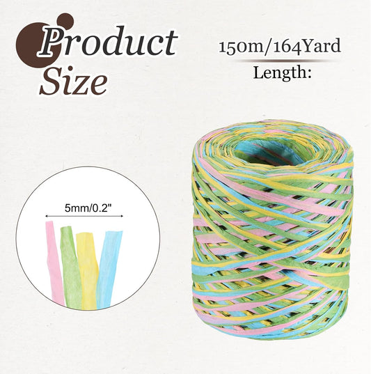 Raffia Ribbon, 164 Yard Natural Raffia Paper String 5mm Wide Packing Paper Twine Rope for Gift Wrapping DIY Crafts Decoration, Green, Yellow, Pink, Blue