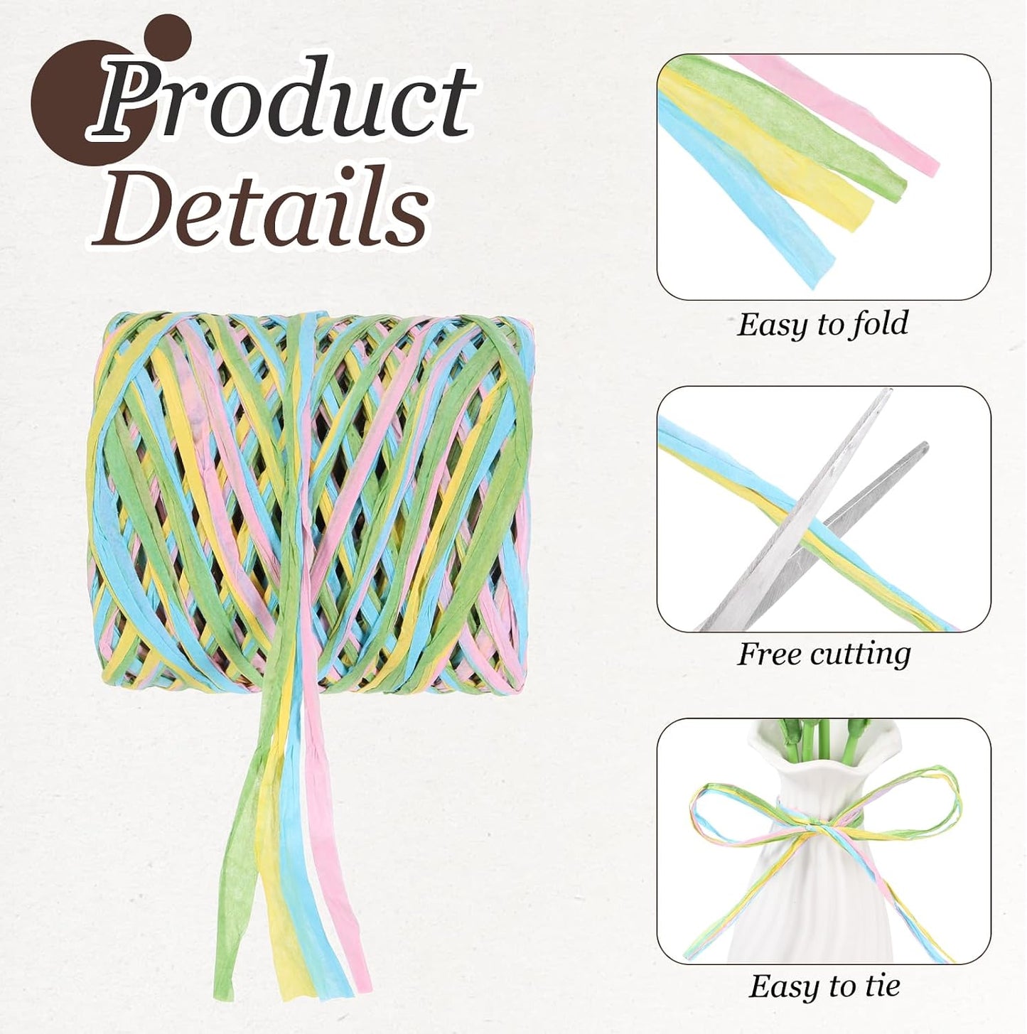 Raffia Ribbon, 164 Yard Natural Raffia Paper String 5mm Wide Packing Paper Twine Rope for Gift Wrapping DIY Crafts Decoration, Green, Yellow, Pink, Blue