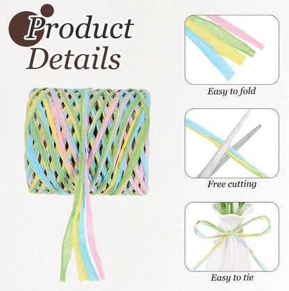 Raffia Ribbon, 164 Yard Natural Raffia Paper String 5mm Wide Packing Paper Twine Rope for Gift Wrapping DIY Crafts Decoration, Green, Yellow, Pink, Blue