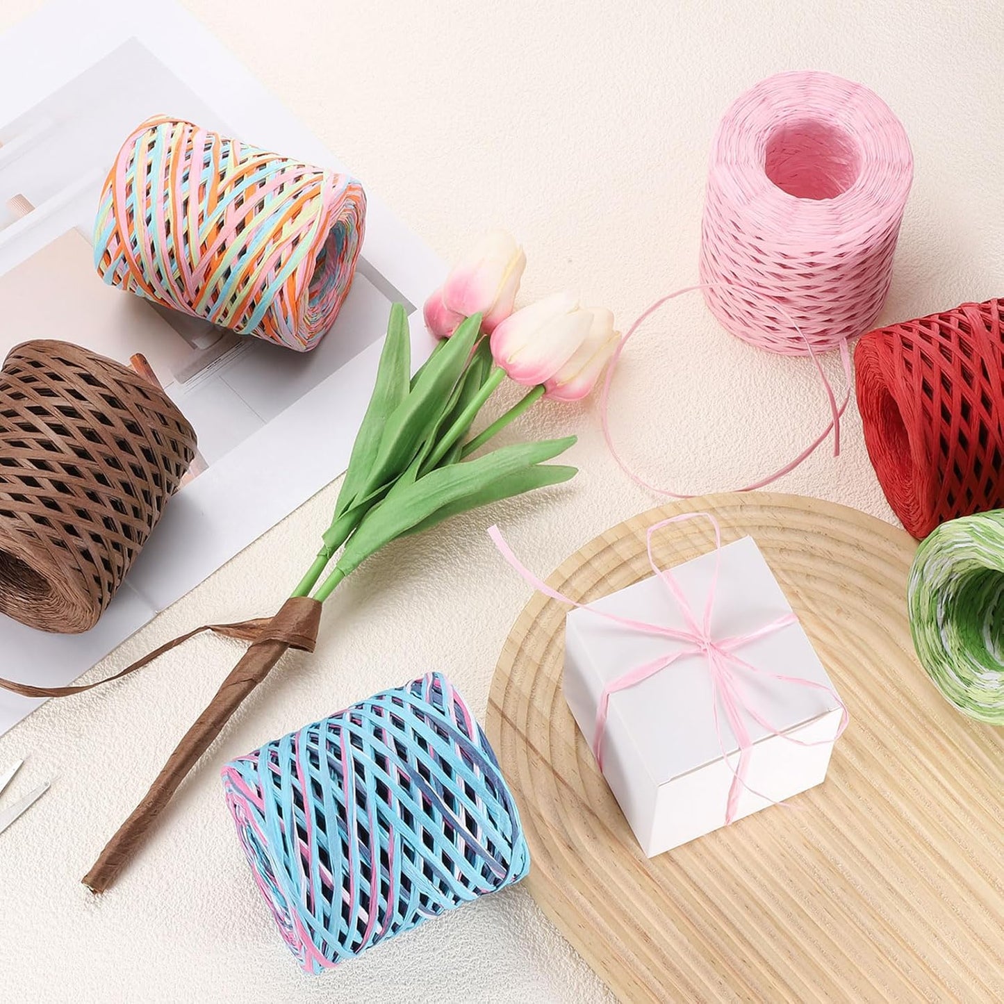 Raffia Ribbon, 164 Yard Natural Raffia Paper String 5mm Wide Packing Paper Twine Rope for Gift Wrapping DIY Crafts Decoration, Green, Yellow, Pink, Blue