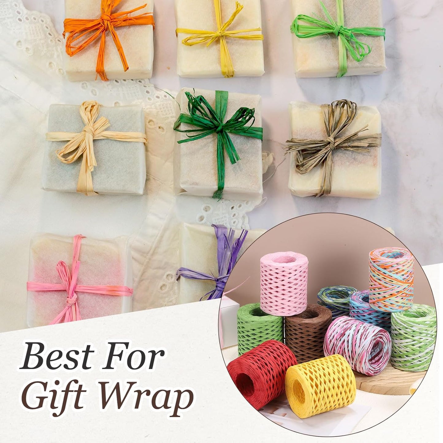 Raffia Ribbon, 164 Yard Natural Raffia Paper String 5mm Wide Packing Paper Twine Rope for Gift Wrapping DIY Crafts Decoration, Green, Yellow, Pink, Blue