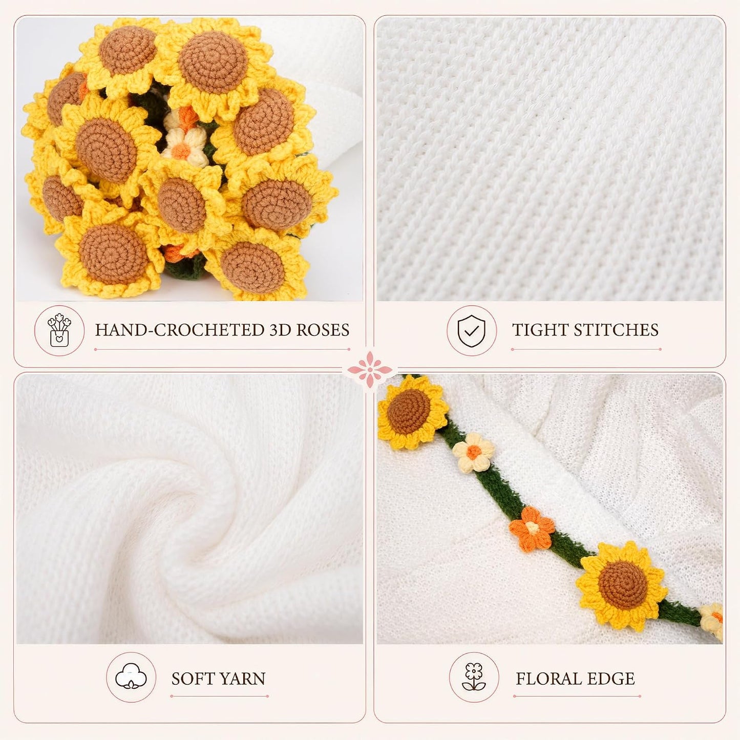 43 in Crochet Flower Bouquet Throw Blanket, Handmade Knitted Blanket with Sunflowers Flowers, Warm Romantic Gifts for Mother’s Day, Mom, Girlfriend, Valentine’s Day, Wedding Anniversary - Yellow
