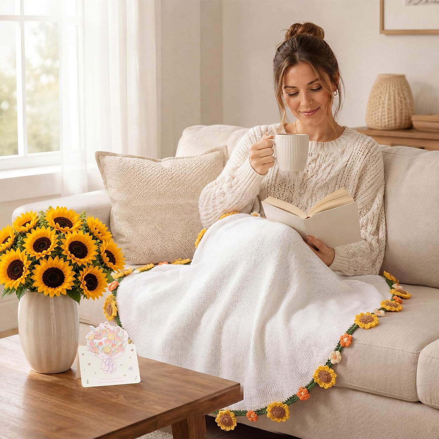 43 in Crochet Flower Bouquet Throw Blanket, Handmade Knitted Blanket with Sunflowers Flowers, Warm Romantic Gifts for Mother’s Day, Mom, Girlfriend, Valentine’s Day, Wedding Anniversary - Yellow