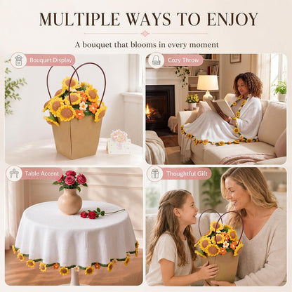 43 in Crochet Flower Bouquet Throw Blanket, Handmade Knitted Blanket with Sunflowers Flowers, Warm Romantic Gifts for Mother’s Day, Mom, Girlfriend, Valentine’s Day, Wedding Anniversary - Yellow