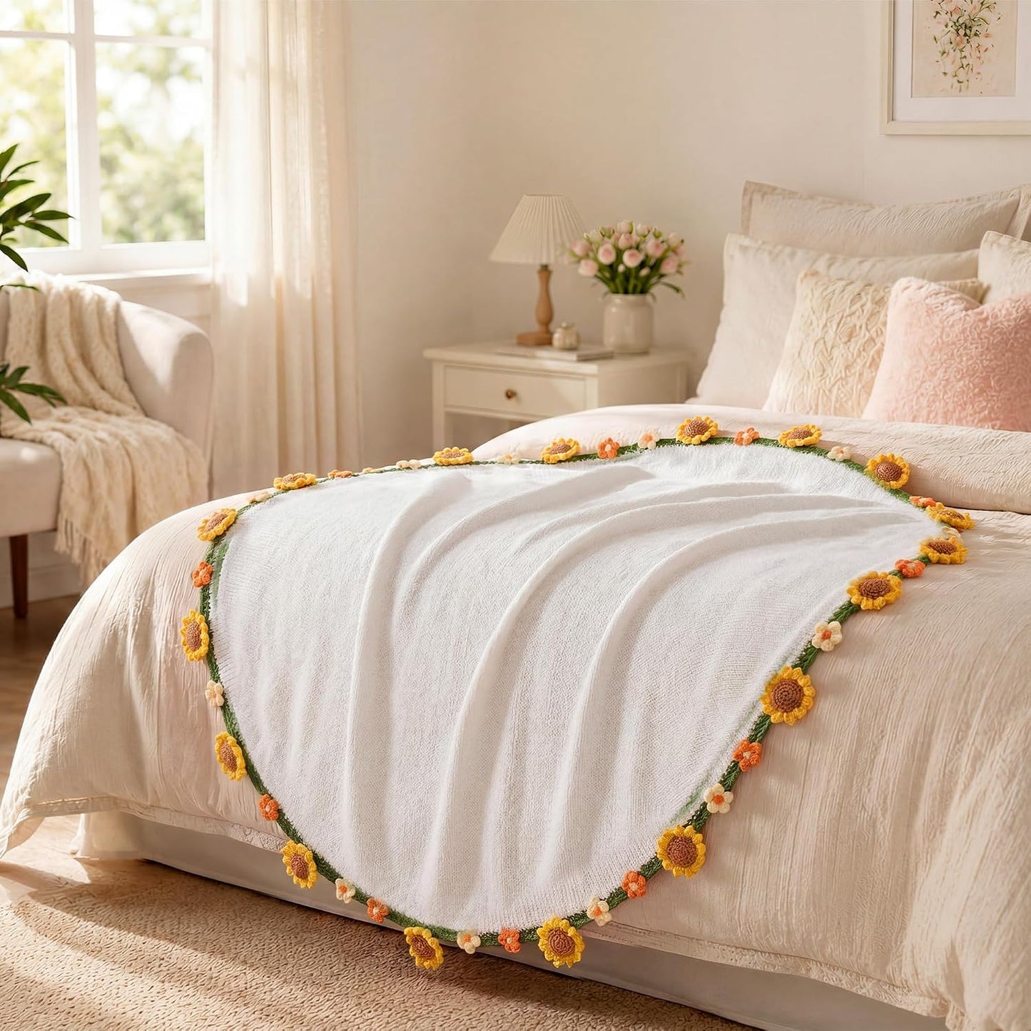 43 in Crochet Flower Bouquet Throw Blanket, Handmade Knitted Blanket with Sunflowers Flowers, Warm Romantic Gifts for Mother’s Day, Mom, Girlfriend, Valentine’s Day, Wedding Anniversary - Yellow