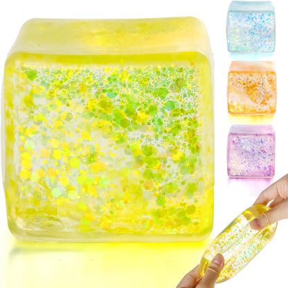 Ice Cube Stress Ball, Slow Rising Squishy Sensory Fidget Toy for Kids | Yellow Glitter Squishy Squeeze Toy for Teens & Adults Anxiety Relief, Classroom Fidgets, Office Desk