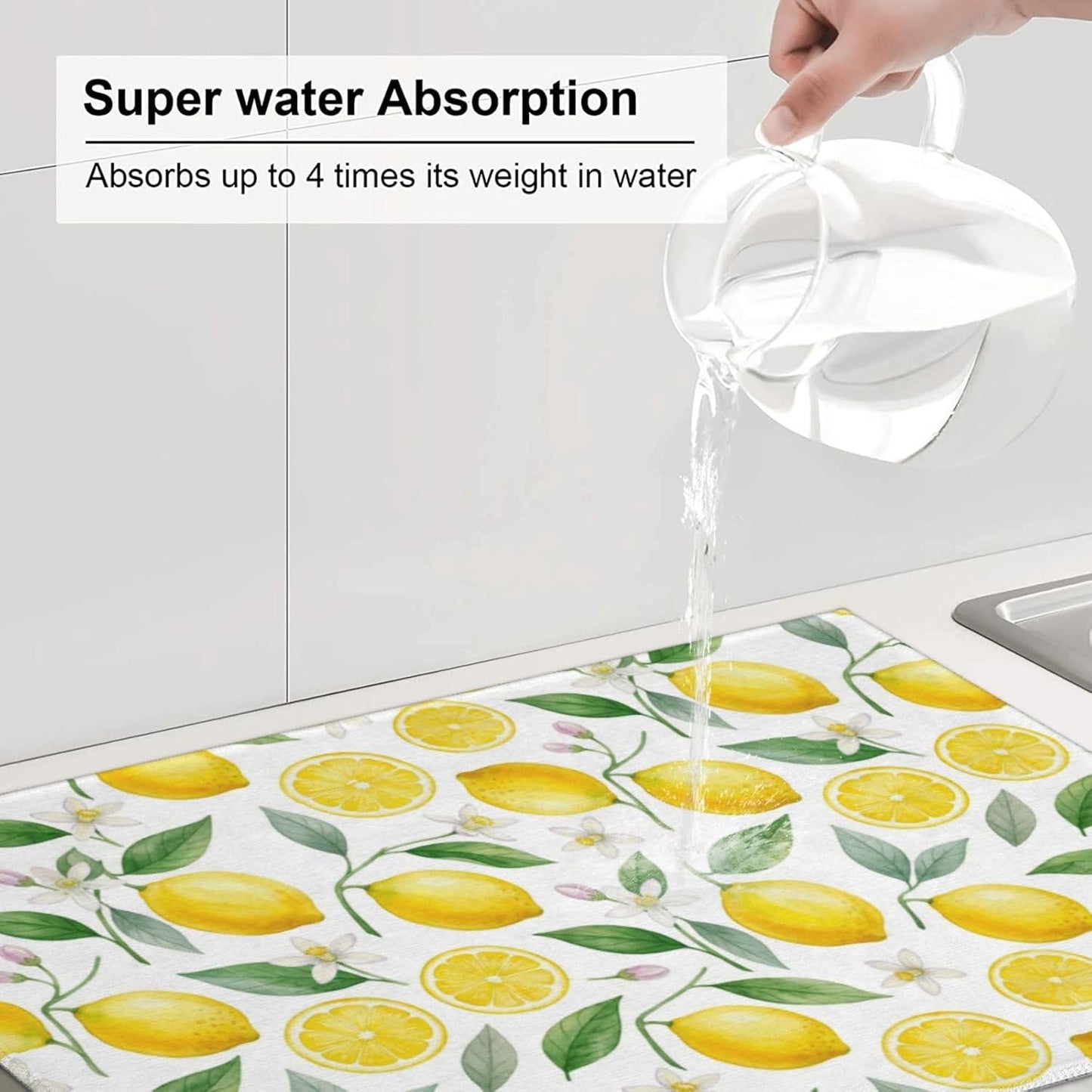 Lemon Dish Drying Mat for Kitchen Counter Microfiber Absorbent Dish Draining Reusable Washable Extra Large 24" x 18" (Lemon, 18x24in)