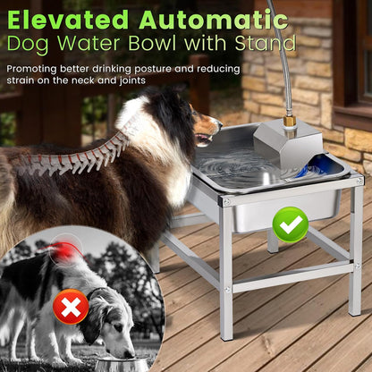 3Gal Automatic Dog Water Bowl Dispenser Large Breed Elevated Outdoor Large Dog Water Bowl with Stand Raised Stainless Auto Fill Waterer with Float Valve for Big Dogs Pets Cats Chicken Livestock