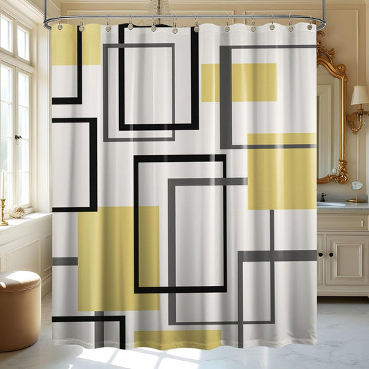 Yieldee Yellow Geometric Shower Curtain for Bathroom Decor, 70 x 72 Inch | Modern Abstract Design, Mens Bathroom Decor, Waterproof Cloth Fabric, Includes Stainless Steel Hooks