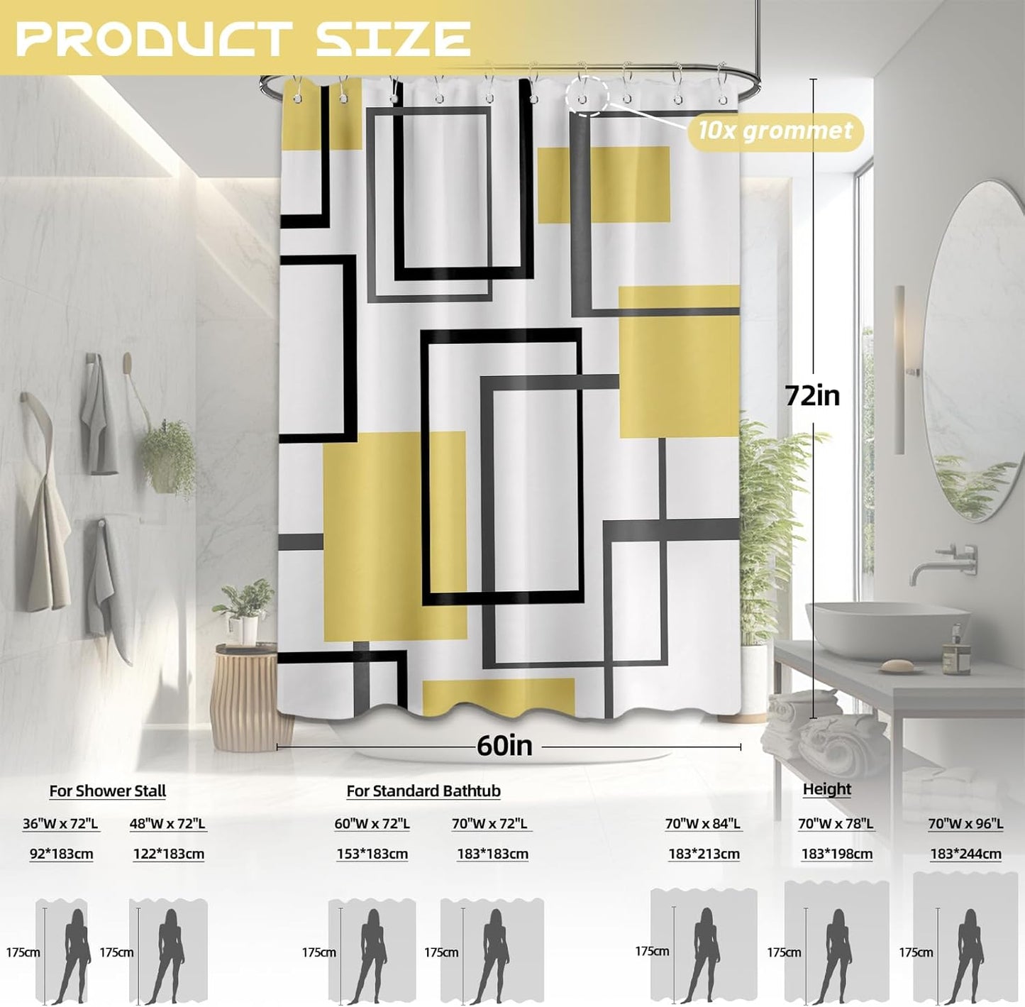 Yieldee Yellow Geometric Shower Curtain for Bathroom Decor, 70 x 72 Inch | Modern Abstract Design, Mens Bathroom Decor, Waterproof Cloth Fabric, Includes Stainless Steel Hooks