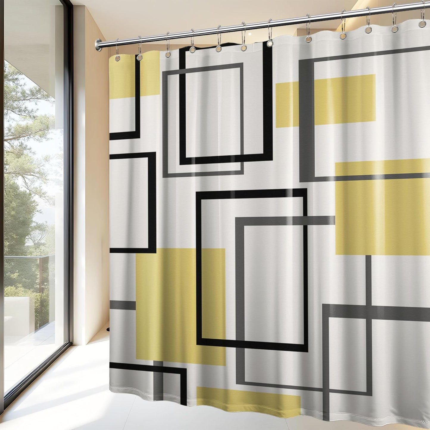 Yieldee Yellow Geometric Shower Curtain for Bathroom Decor, 70 x 72 Inch | Modern Abstract Design, Mens Bathroom Decor, Waterproof Cloth Fabric, Includes Stainless Steel Hooks