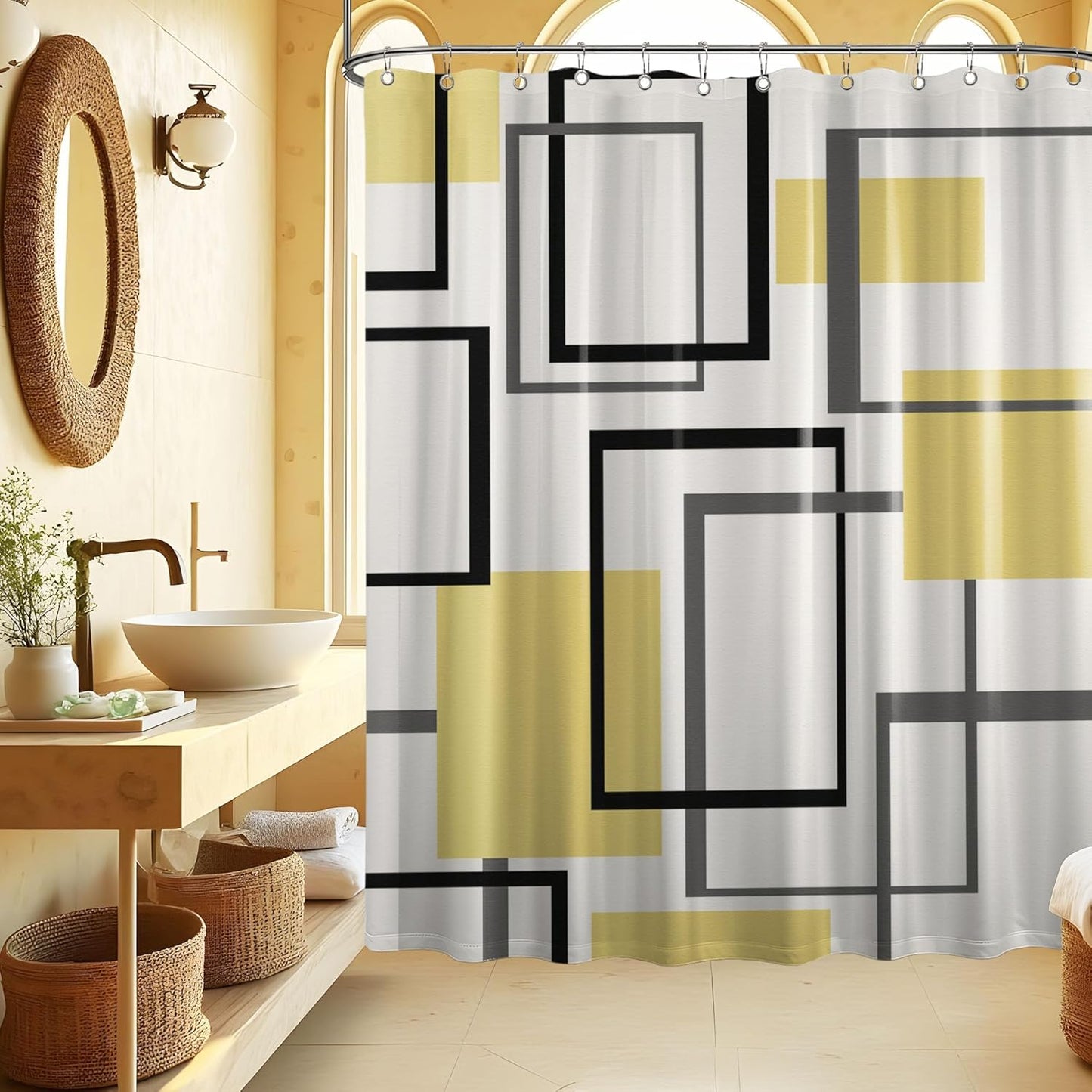 Yieldee Yellow Geometric Shower Curtain for Bathroom Decor, 70 x 72 Inch | Modern Abstract Design, Mens Bathroom Decor, Waterproof Cloth Fabric, Includes Stainless Steel Hooks