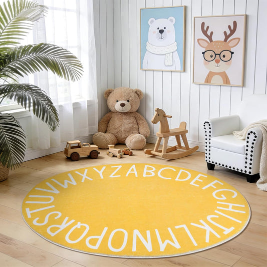Oval ABC Area Rug,47x70 Inch Soft Floor Carpet,Yellow | Washable Alphabet Oval Rug,Non Slip Floor Mat Ideal for Bedrooms,Kids Rooms,Classrooms