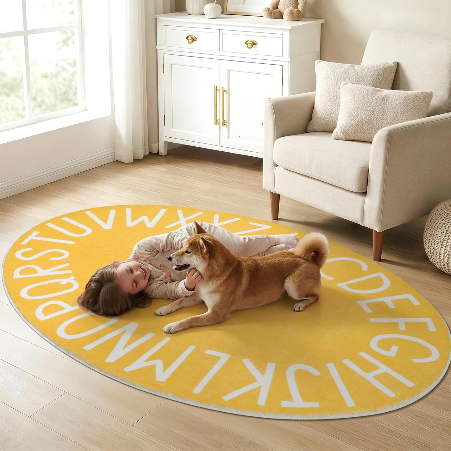 Oval ABC Area Rug,47x70 Inch Soft Floor Carpet,Yellow | Washable Alphabet Oval Rug,Non Slip Floor Mat Ideal for Bedrooms,Kids Rooms,Classrooms
