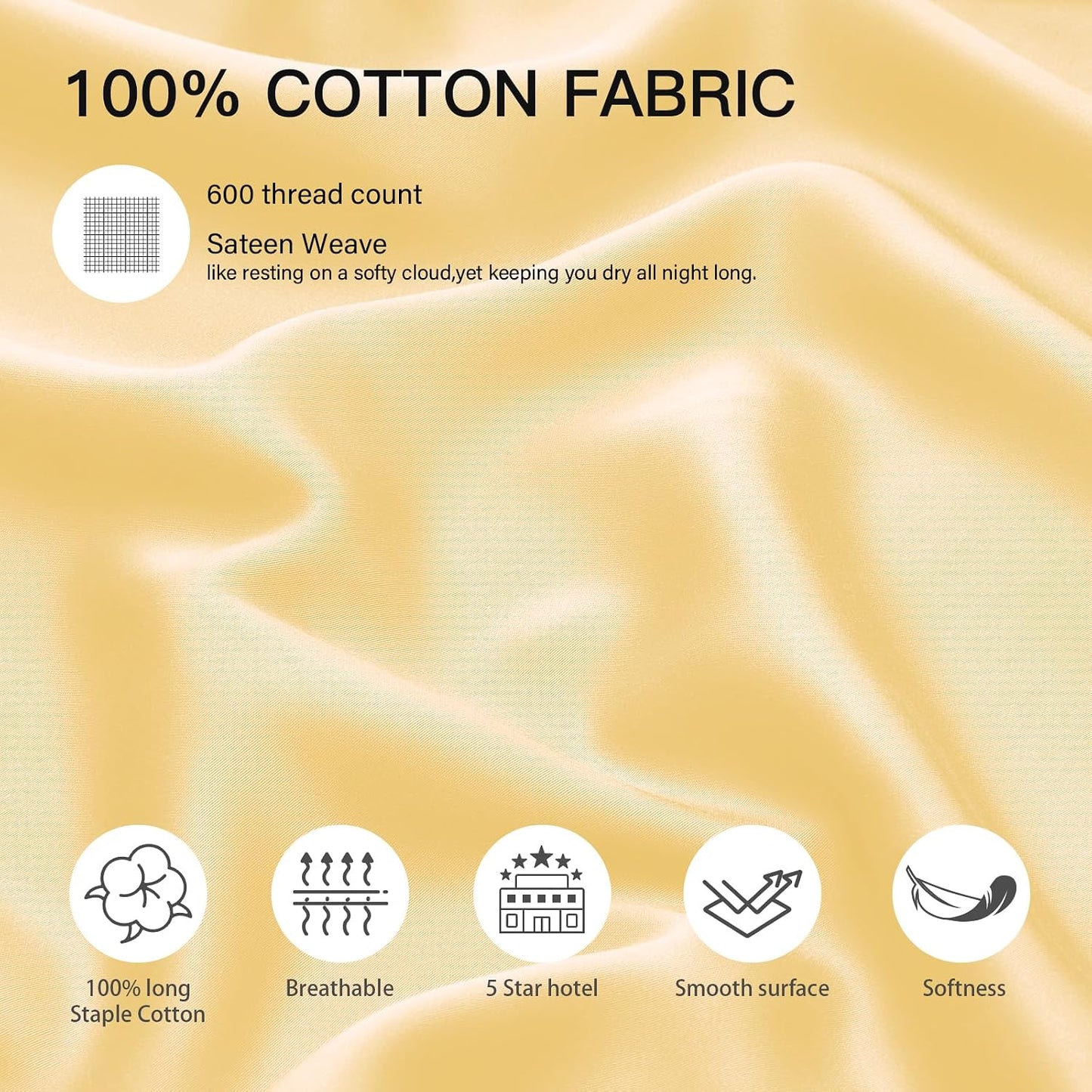 100% Cotton Standard Pillowcases Set of 2, 600 Thread Count Pillow Cases, 20x26 Inches, Super Soft and Breathable Envelope Closure (Mustard Yellow)