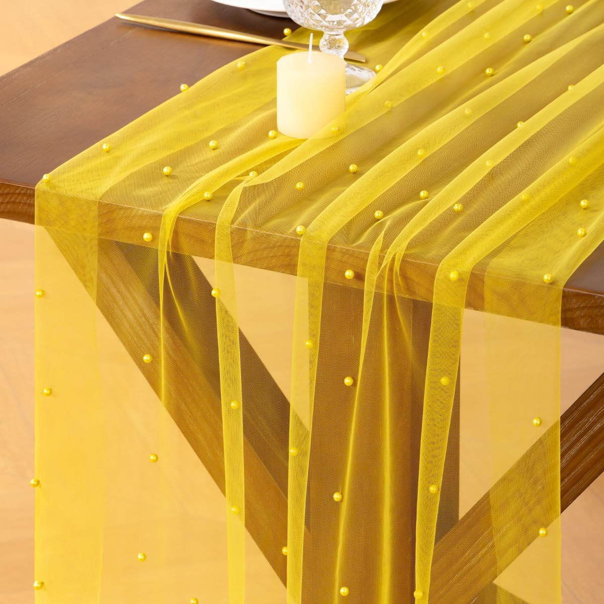 Pearl Table Runner Summer Tulle Gauze Sheer Wedding Party Home Decor | Yellow Cheesecloth 10FT Chiffon Dining Birthday Baby Shower Bridal Anniversary Holiday Centerpiece Table Decorations