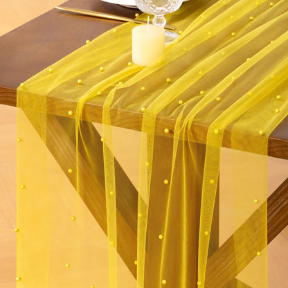 Pearl Table Runner Summer Tulle Gauze Sheer Wedding Party Home Decor | Yellow Cheesecloth 10FT Chiffon Dining Birthday Baby Shower Bridal Anniversary Holiday Centerpiece Table Decorations