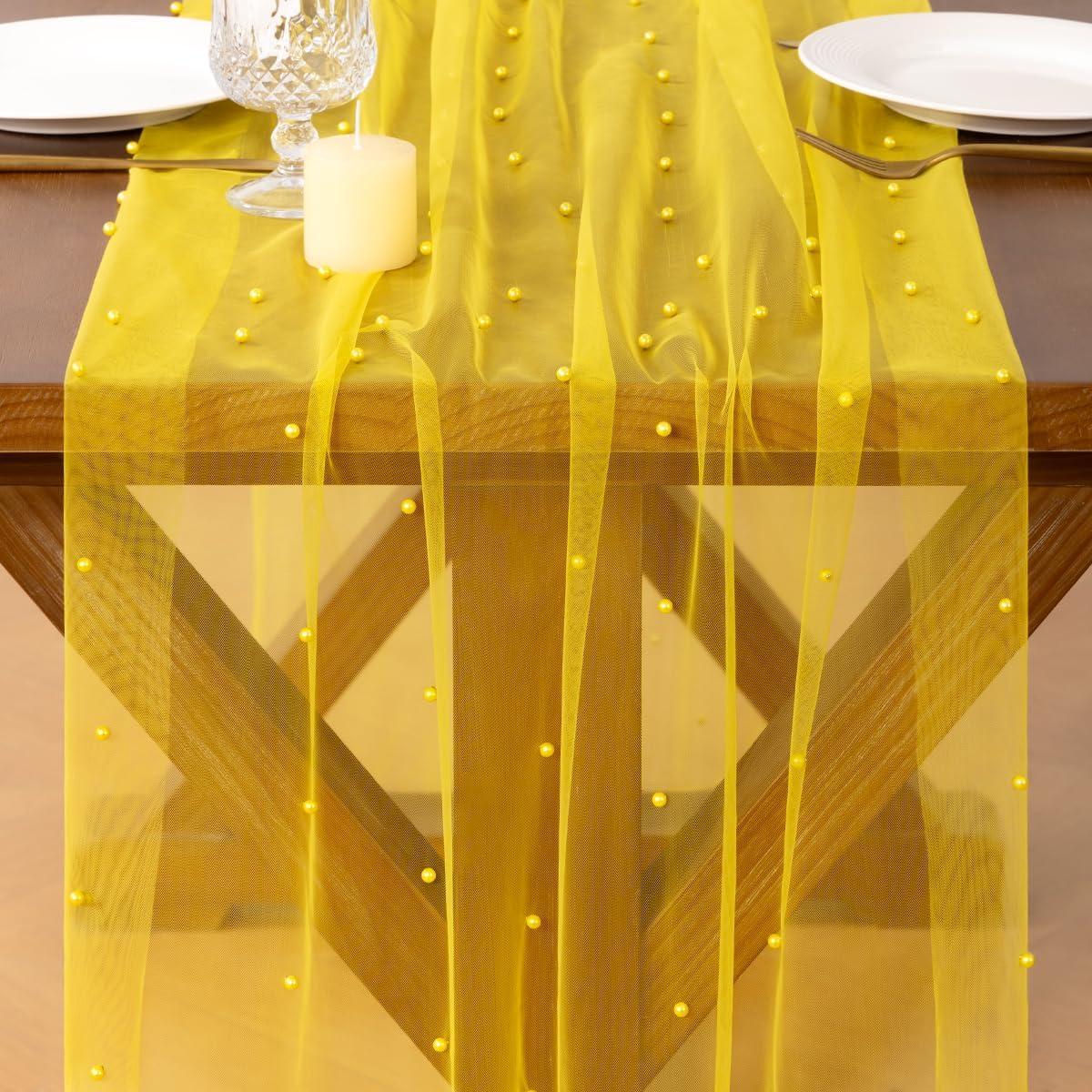Pearl Table Runner Summer Tulle Gauze Sheer Wedding Party Home Decor | Yellow Cheesecloth 10FT Chiffon Dining Birthday Baby Shower Bridal Anniversary Holiday Centerpiece Table Decorations