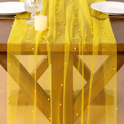 Pearl Table Runner Summer Tulle Gauze Sheer Wedding Party Home Decor | Yellow Cheesecloth 10FT Chiffon Dining Birthday Baby Shower Bridal Anniversary Holiday Centerpiece Table Decorations