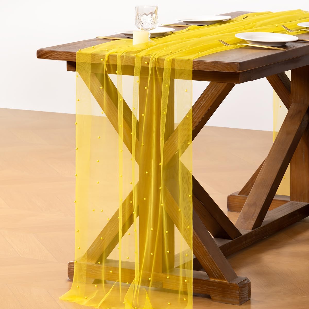 Pearl Table Runner Summer Tulle Gauze Sheer Wedding Party Home Decor | Yellow Cheesecloth 10FT Chiffon Dining Birthday Baby Shower Bridal Anniversary Holiday Centerpiece Table Decorations