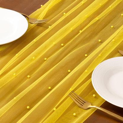 Pearl Table Runner Summer Tulle Gauze Sheer Wedding Party Home Decor | Yellow Cheesecloth 10FT Chiffon Dining Birthday Baby Shower Bridal Anniversary Holiday Centerpiece Table Decorations