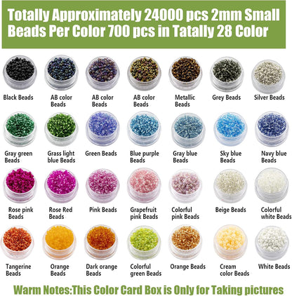 24000Pcs 2mm Glass Seed Beads Kit, with 28 Colors Small Beads Kit for Girls,Women and Adults,Bracelets, Necklaces,Earring,Jewelry Making Supplies
