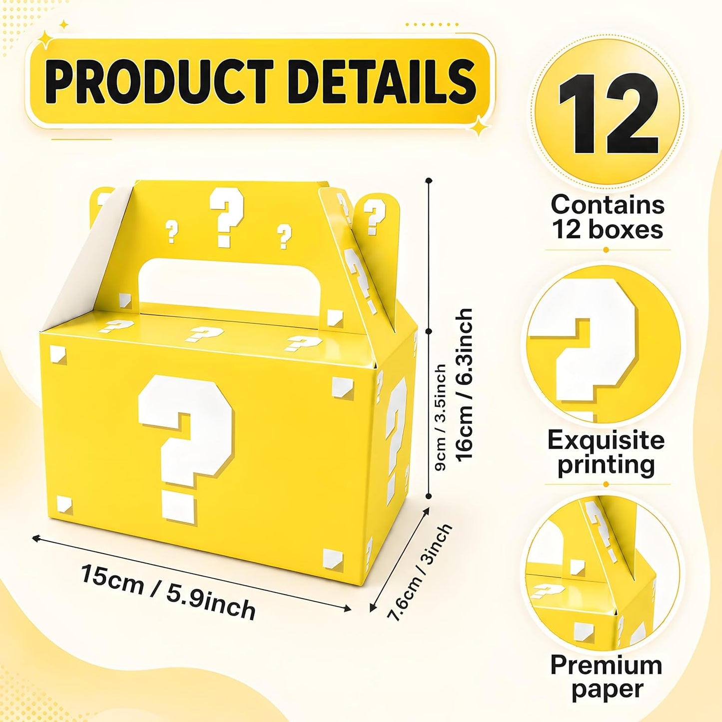 12 Pcs Video Game Question Mark Party Favor Boxes Yellow Mystery Box | Yellow gable candy boxes | Video game birthday decorations | Arcade surprise blind bags | Kids gamer party treat goodie box