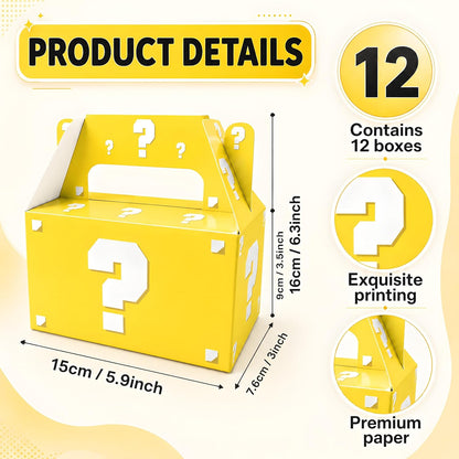 12 Pcs Video Game Question Mark Party Favor Boxes Yellow Mystery Box | Yellow gable candy boxes | Video game birthday decorations | Arcade surprise blind bags | Kids gamer party treat goodie box