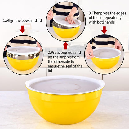 Yellow Mixing Bowls with Lids Set of 7, Stainless Steel Nesting Bowl with Khaki Lid for Non-slip Mixing Prepping Storing Serving, 7 Sizes-7/3.6/2.7/2.1/1.5/1/0.8 QT
