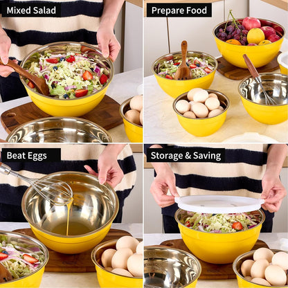 Yellow Mixing Bowls with Lids Set of 7, Stainless Steel Nesting Bowl with Khaki Lid for Non-slip Mixing Prepping Storing Serving, 7 Sizes-7/3.6/2.7/2.1/1.5/1/0.8 QT