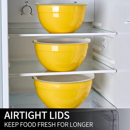 Yellow Mixing Bowls with Lids Set of 7, Stainless Steel Nesting Bowl with Khaki Lid for Non-slip Mixing Prepping Storing Serving, 7 Sizes-7/3.6/2.7/2.1/1.5/1/0.8 QT