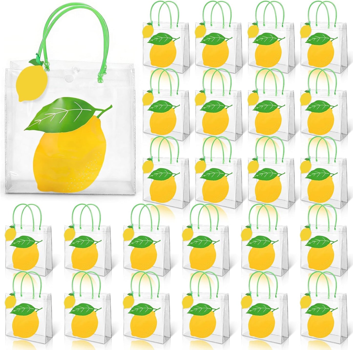 24 Set Lemon Clear Plastic Gift Bags with Handles Blank Lemon Cards Green Ribbons Reusable Favor Bag for Summer Holiday Baby Bridal Shower Wedding Party Supplies