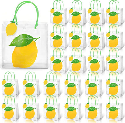 24 Set Lemon Clear Plastic Gift Bags with Handles Blank Lemon Cards Green Ribbons Reusable Favor Bag for Summer Holiday Baby Bridal Shower Wedding Party Supplies