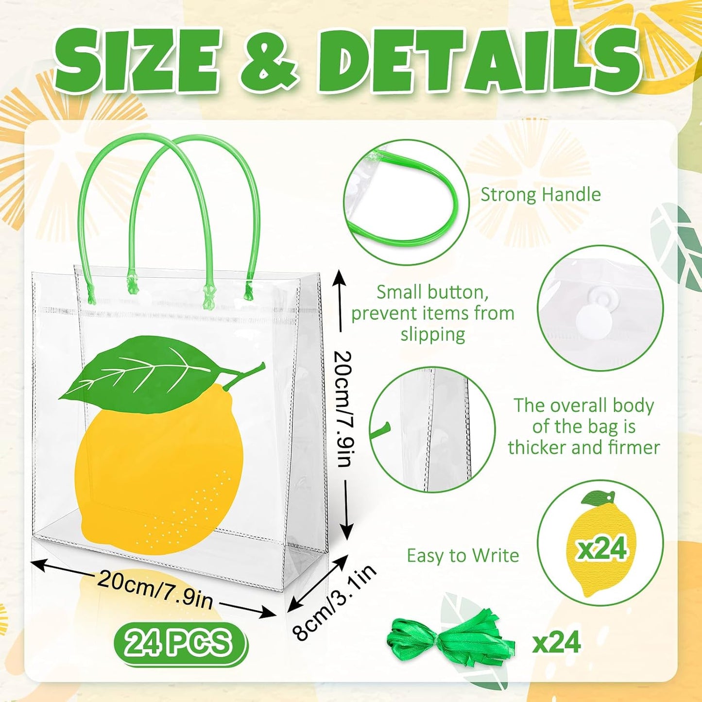 24 Set Lemon Clear Plastic Gift Bags with Handles Blank Lemon Cards Green Ribbons Reusable Favor Bag for Summer Holiday Baby Bridal Shower Wedding Party Supplies