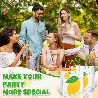 24 Set Lemon Clear Plastic Gift Bags with Handles Blank Lemon Cards Green Ribbons Reusable Favor Bag for Summer Holiday Baby Bridal Shower Wedding Party Supplies