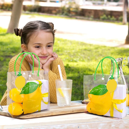 24 Set Lemon Clear Plastic Gift Bags with Handles Blank Lemon Cards Green Ribbons Reusable Favor Bag for Summer Holiday Baby Bridal Shower Wedding Party Supplies