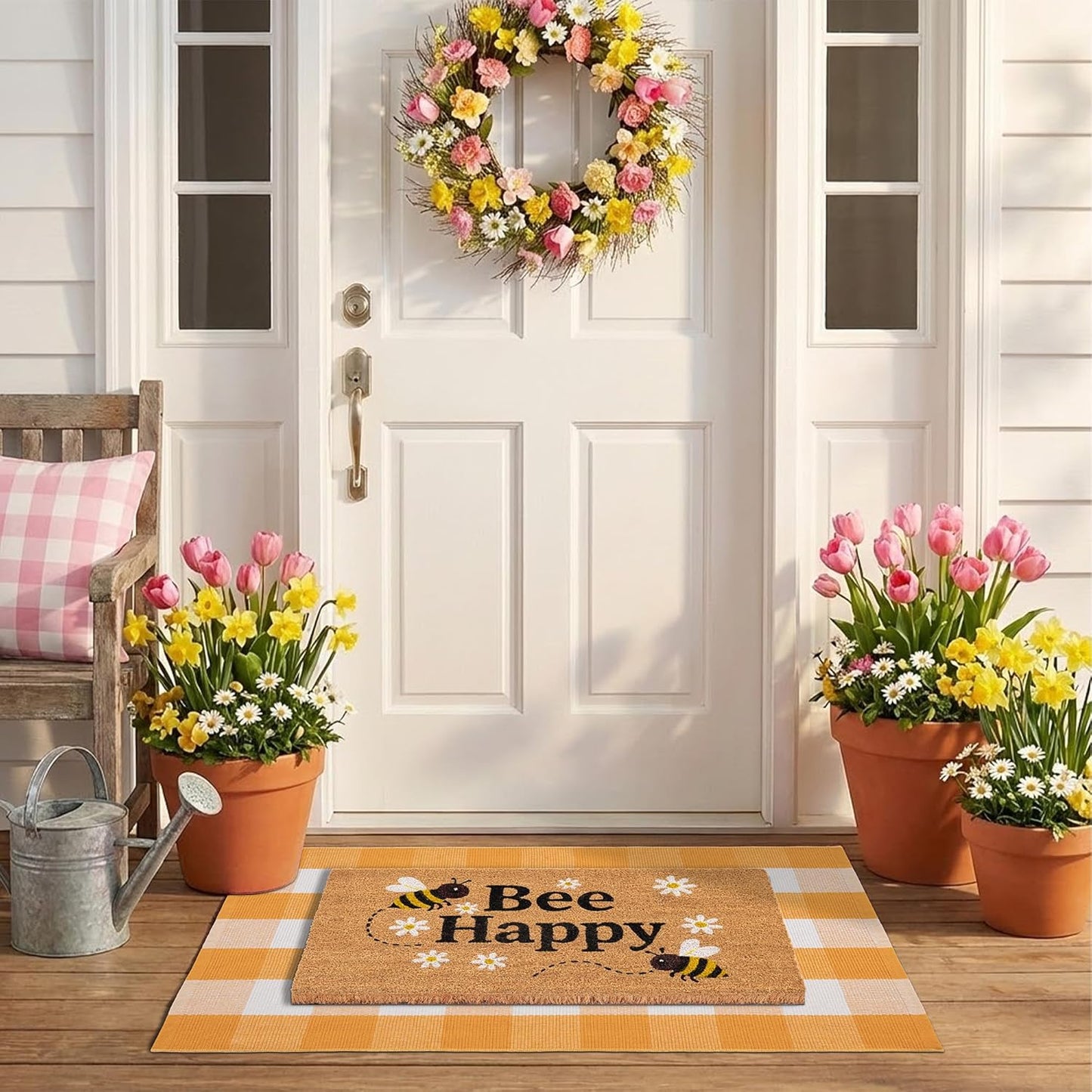 Bee Happy Layered Doormat Set, Spring Door Mat with Printed Coir Welcome Mat and Plaid Layering Doormat, Farmhouse Front Door Entryway Decorative Porch Mat (Yellow, 2'4" x 3'7")