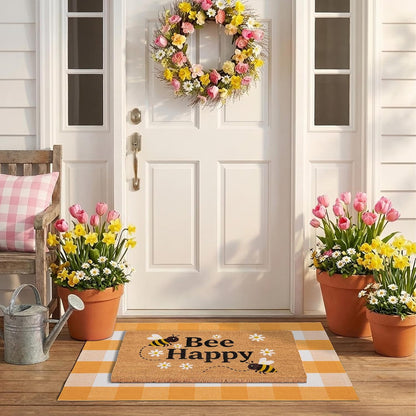 Bee Happy Layered Doormat Set, Spring Door Mat with Printed Coir Welcome Mat and Plaid Layering Doormat, Farmhouse Front Door Entryway Decorative Porch Mat (Yellow, 2'4" x 3'7")