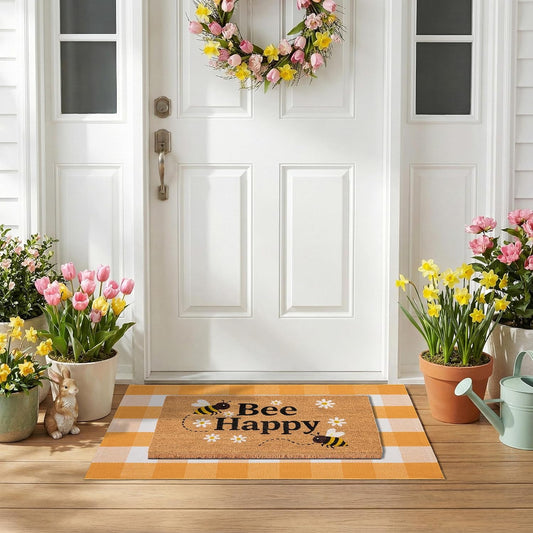 Bee Happy Layered Doormat Set, Spring Door Mat with Printed Coir Welcome Mat and Plaid Layering Doormat, Farmhouse Front Door Entryway Decorative Porch Mat (Yellow, 2'4" x 3'7")