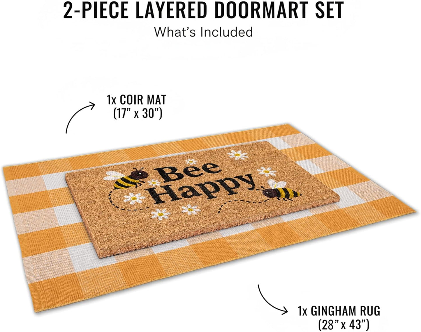 Bee Happy Layered Doormat Set, Spring Door Mat with Printed Coir Welcome Mat and Plaid Layering Doormat, Farmhouse Front Door Entryway Decorative Porch Mat (Yellow, 2'4" x 3'7")