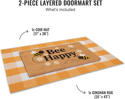 Bee Happy Layered Doormat Set, Spring Door Mat with Printed Coir Welcome Mat and Plaid Layering Doormat, Farmhouse Front Door Entryway Decorative Porch Mat (Yellow, 2'4" x 3'7")