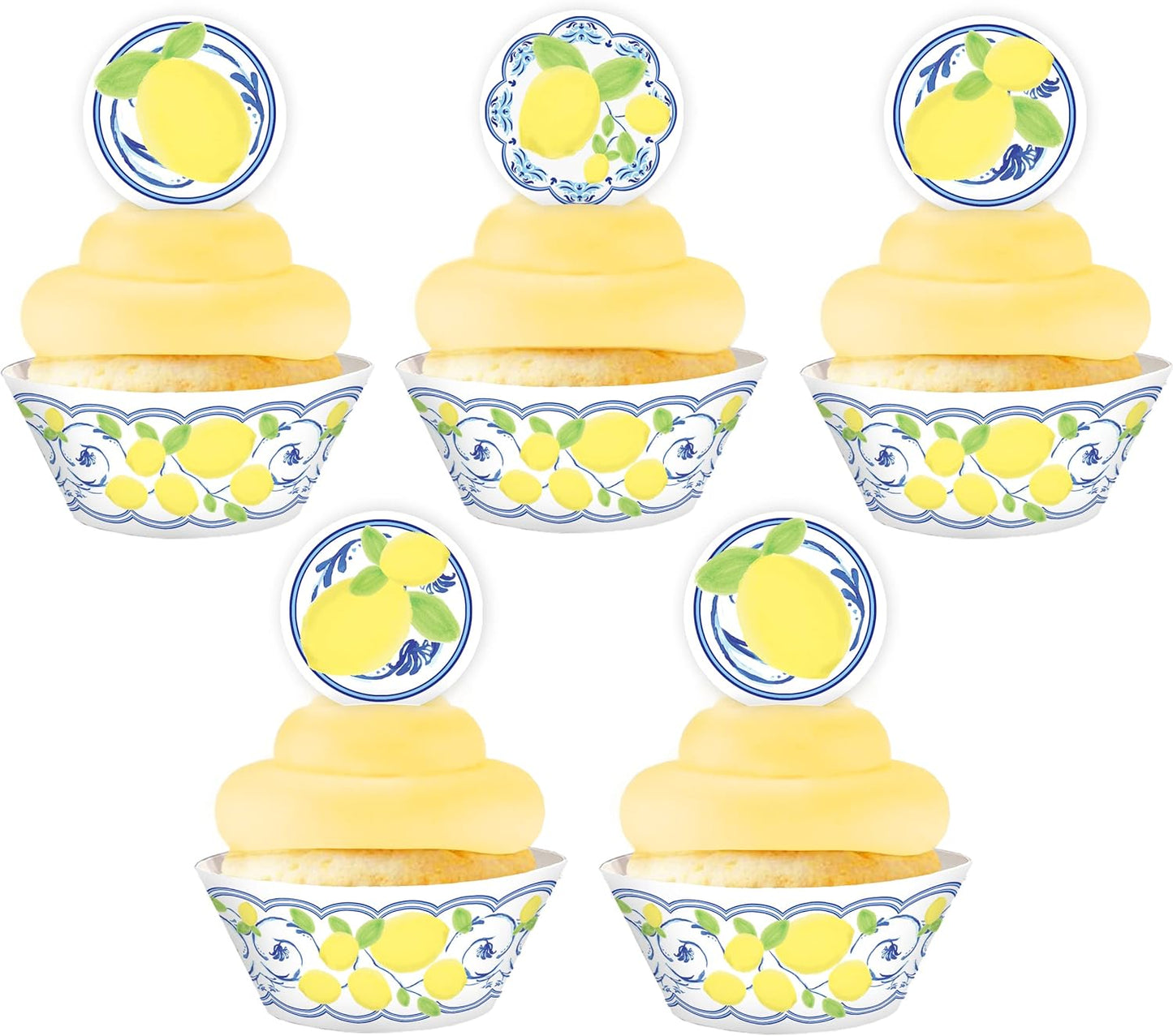 Capri Lemon Cupcake Kit - 48 Pieces - 24 Cupcake Toppers and Wrappers - 40th 50th 60th Birthday Party - Blue Tile Party Decorations - Blue Tile Party Supplies - Italian Party Decorations - Cupcake