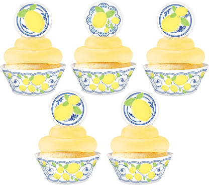 Capri Lemon Cupcake Kit - 48 Pieces - 24 Cupcake Toppers and Wrappers - 40th 50th 60th Birthday Party - Blue Tile Party Decorations - Blue Tile Party Supplies - Italian Party Decorations - Cupcake