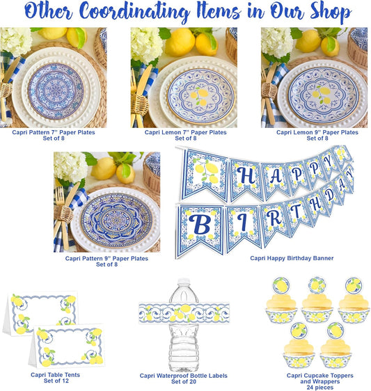 Capri Lemon Cupcake Kit - 48 Pieces - 24 Cupcake Toppers and Wrappers - 40th 50th 60th Birthday Party - Blue Tile Party Decorations - Blue Tile Party Supplies - Italian Party Decorations - Cupcake