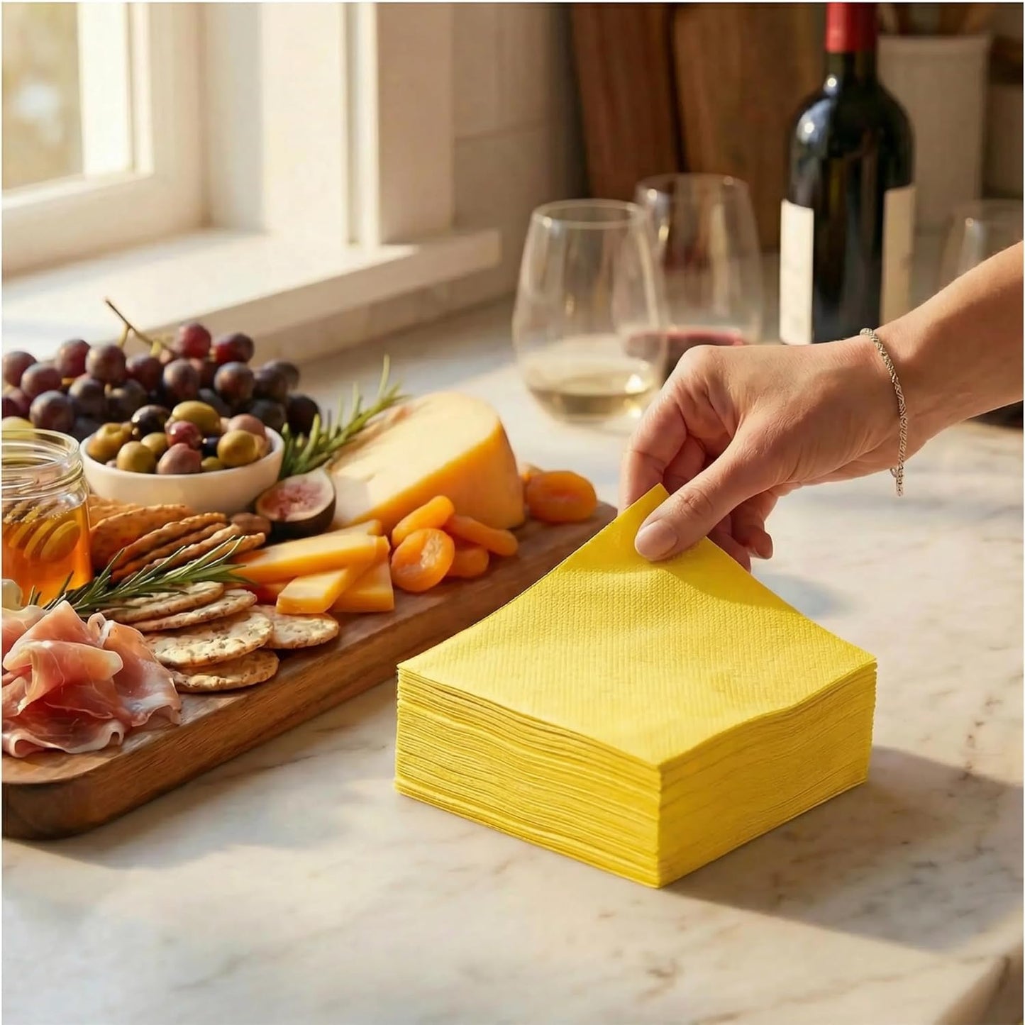 Paper Cocktail Napkins - Linen-Like Disposable Beverage Bar Napkins 4.75" x 4.75" - Bulk Square Napkins - Ideal for Party or Wedding (Yellow -100 Count)