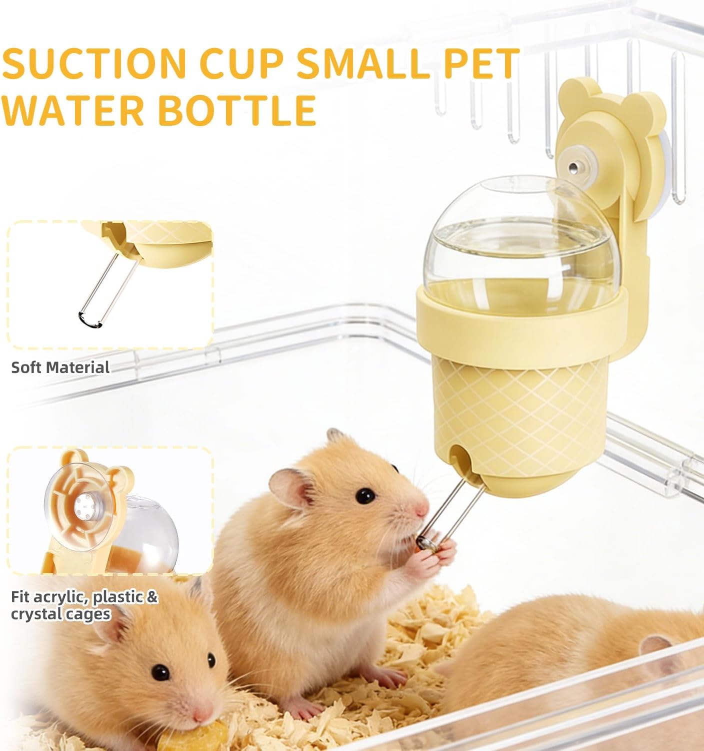 No Drip Hamster Water Bottle with Strong Suction Cup – 3.7oz Leak Proof Small Animal Water Bottle for Glass Tank & Acrylic Cage, Ideal for for Hamster, Sugar Glider, Guinea Pig Gerbil, Rat(Yellow)