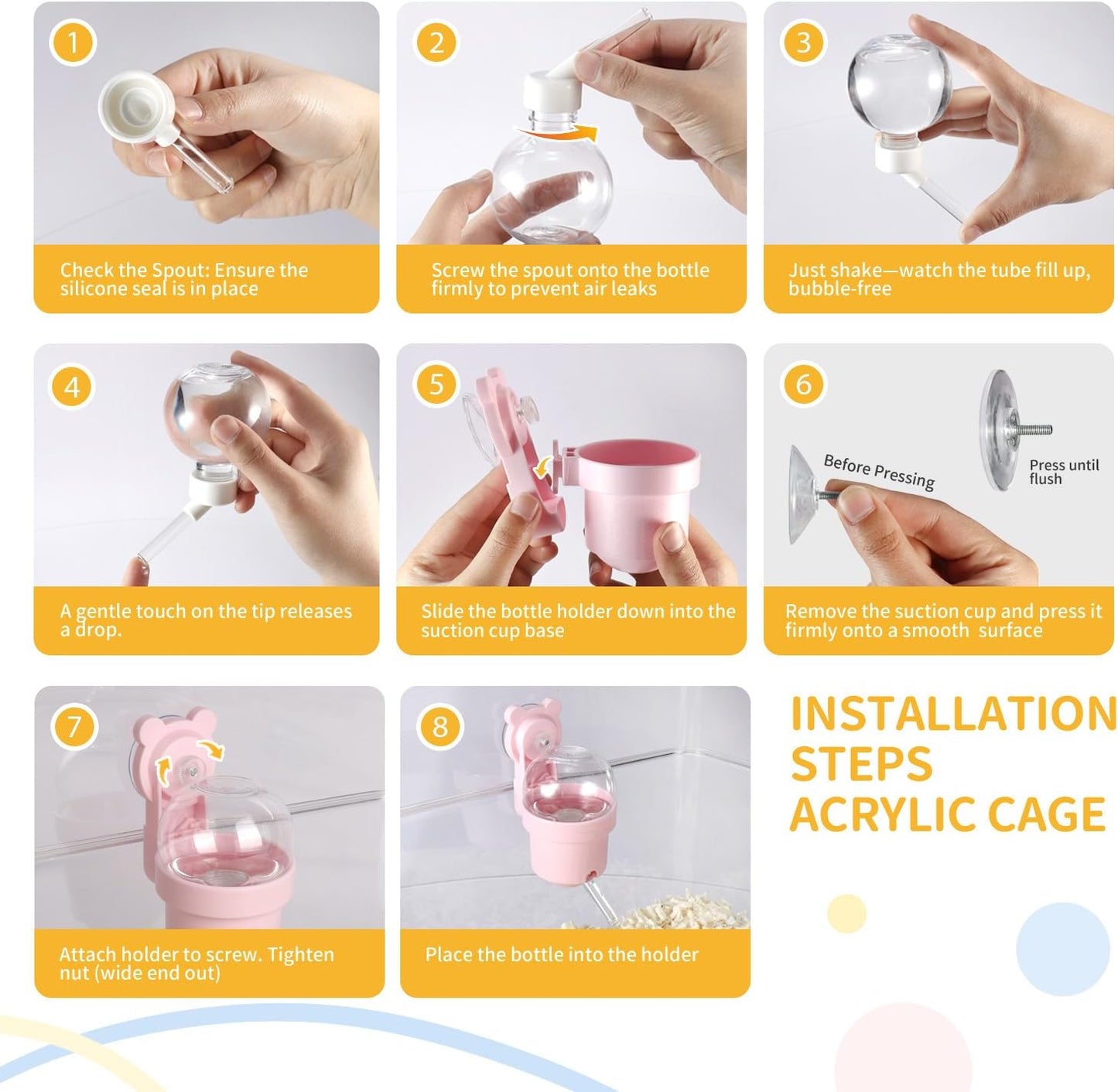 No Drip Hamster Water Bottle with Strong Suction Cup – 3.7oz Leak Proof Small Animal Water Bottle for Glass Tank & Acrylic Cage, Ideal for for Hamster, Sugar Glider, Guinea Pig Gerbil, Rat(Yellow)
