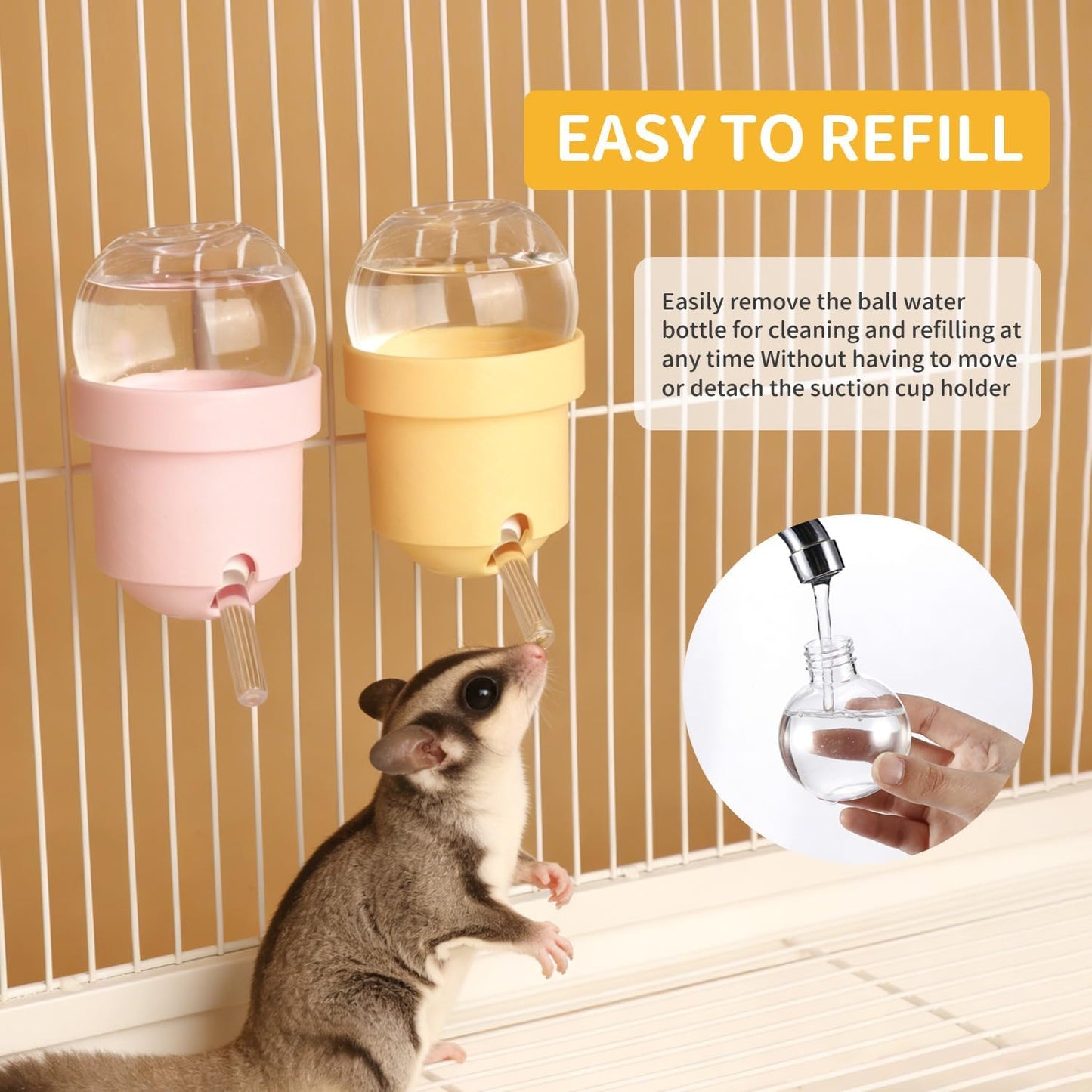 No Drip Hamster Water Bottle with Strong Suction Cup – 3.7oz Leak Proof Small Animal Water Bottle for Glass Tank & Acrylic Cage, Ideal for for Hamster, Sugar Glider, Guinea Pig Gerbil, Rat(Yellow)