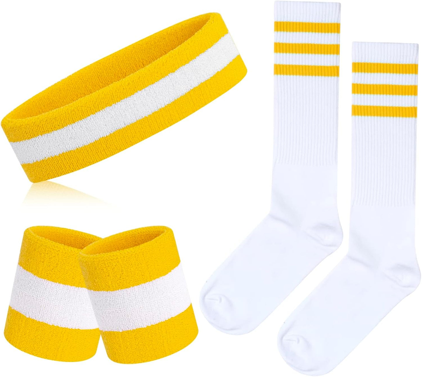5 Pieces Sweatbands Striped Socks Set Sports Headband Wristbands High Tube Socks 80s Accessories Costumes