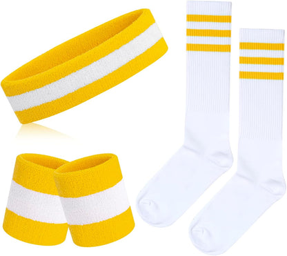 5 Pieces Sweatbands Striped Socks Set Sports Headband Wristbands High Tube Socks 80s Accessories Costumes